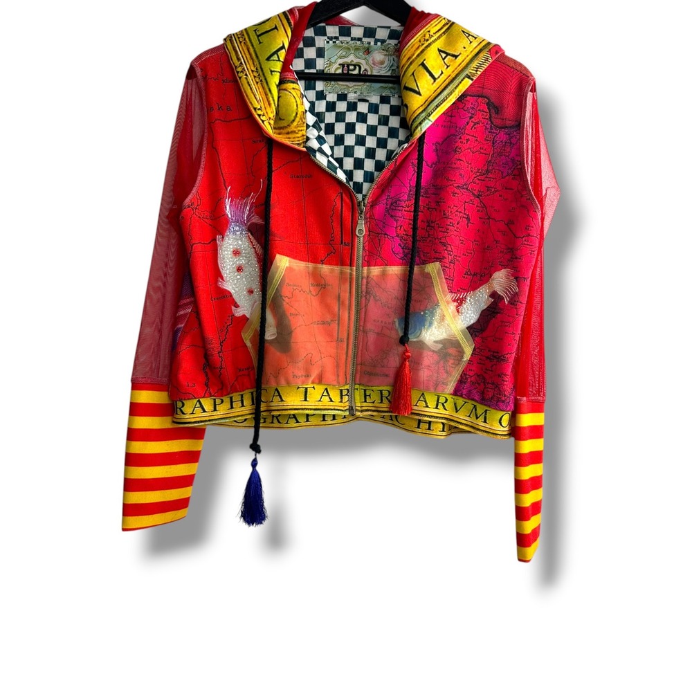 IPNG Essence of Design Red Map Plaid Mesh Sleeve Zip Up Hoodie Women‎ S/M Turkey